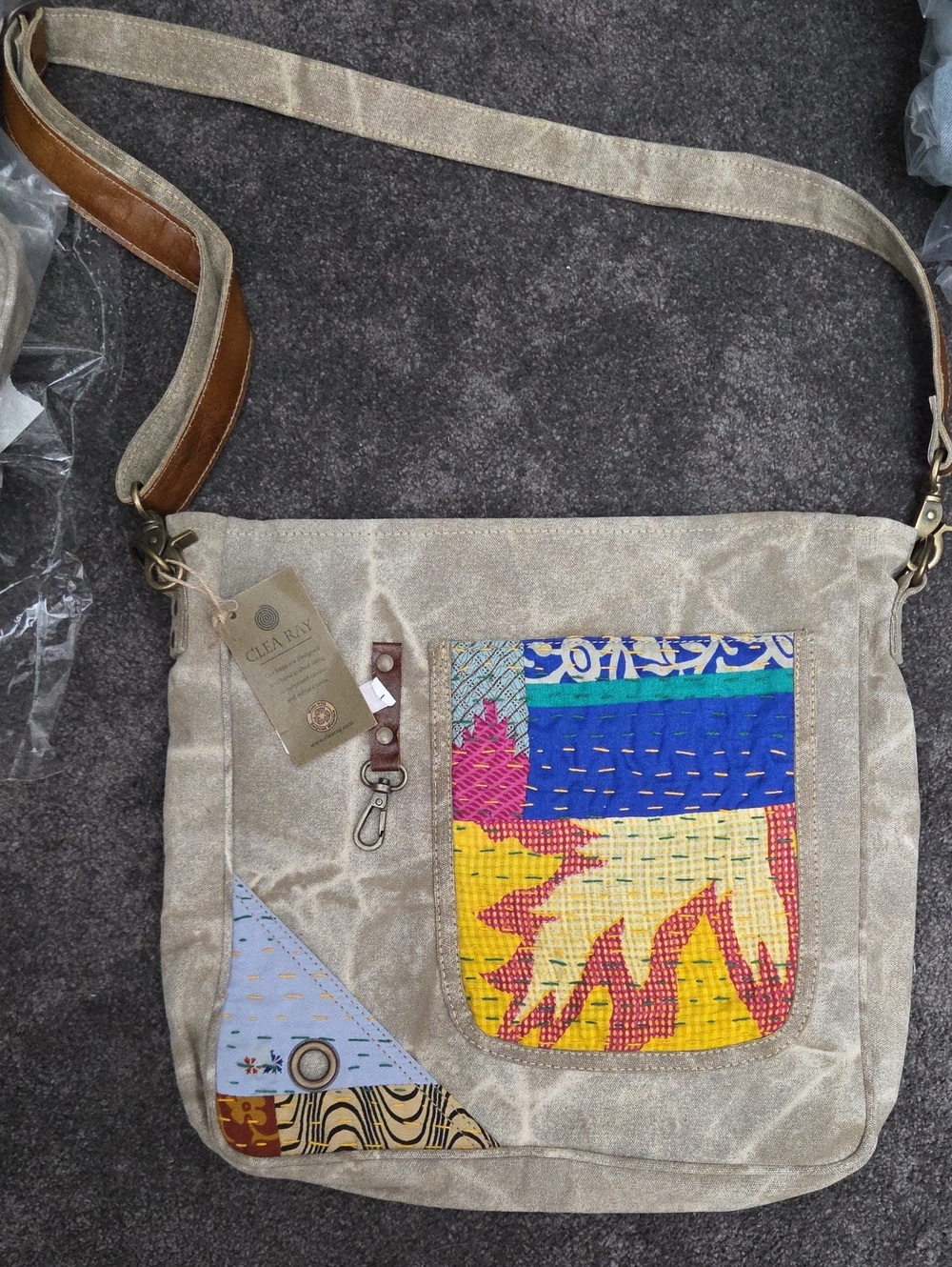 CLEAR RIVER Beige Canvas Crossbody with Colorful Patchwork Pocket 15" X 14"
